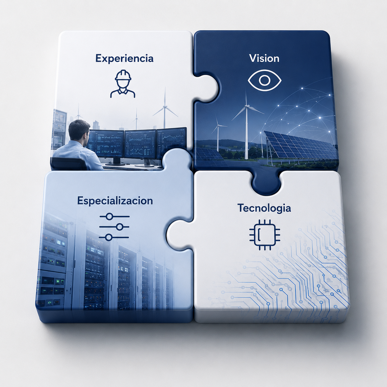 Representación visual de experiencia, visión, especialización y tecnología aplicadas a activos energéticos